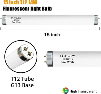 14 Watts F14T12/CW Fluorescent Light Bulb, T12 Liner Fluorescent Tube, 15 Inches Overall Length, T12 14W Cool White Light Color, G13 Bi-Pin Cap, 4 Pack