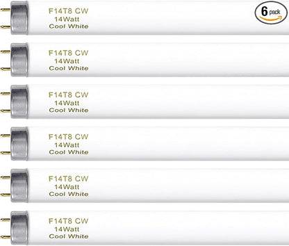 15 Inches T8 Fluorescent Light Bulb 4100K 14 Watt, F14T8/CW 14W Fluorescent Tube,14 Watts, G13 Medium Base, 650 Lumen, 6 Pack