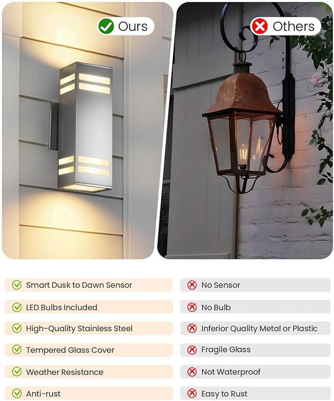 Dusk to Dawn Outdoor Lighting 2 Pack, Up and Down Lights Stainless Steel Exterior Light Fixture with Photocell Sensor, Waterproof Modern Outside Lights for House Garage Porch, LED Bulbs Included