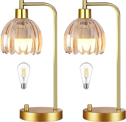 Glass Table Lamp Set of 2,Small Gold Bedside Lamps Dimmable Boho Bedroom Lamp with Tulip Flower Amber Lamp Shade,Vintage Mid Century Modern Mini Nightstand Lamp for Bedroom Living Room