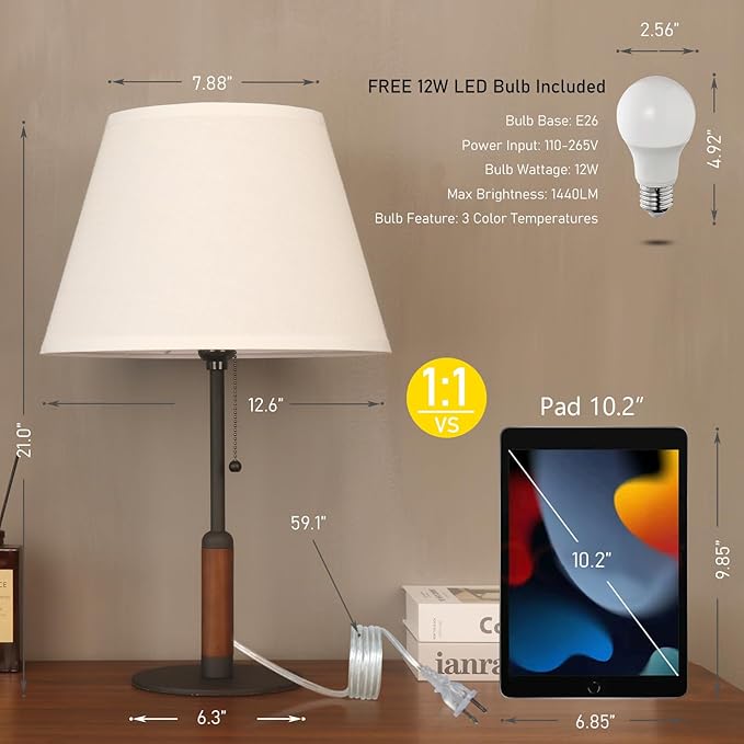 21" Table Lamps for Night Stands Bedside Lamp for Living Room Bedroom Lamp for End Tables 3-Color Pull Chain Switch Walnut Wood Fabric for Home/Office/Desk Decor (Off White+Sand Black)