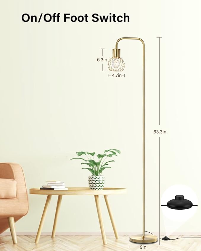 Brass Gold Standing Floor Lamp for Living Room - Modern Industrial Design with 6W LED Bulb, Foot Switch, Metal Tall Stand, Minimalist Farmhouse Boho Style for Bedroom & Office