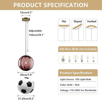 KCO Lighting Modern Large Globe Pendant Light - Vintage Gold Single Pendant - Round Glass - Industrial Kitchen Island & Dining Room Light Fixture (Burgundy-9.8')