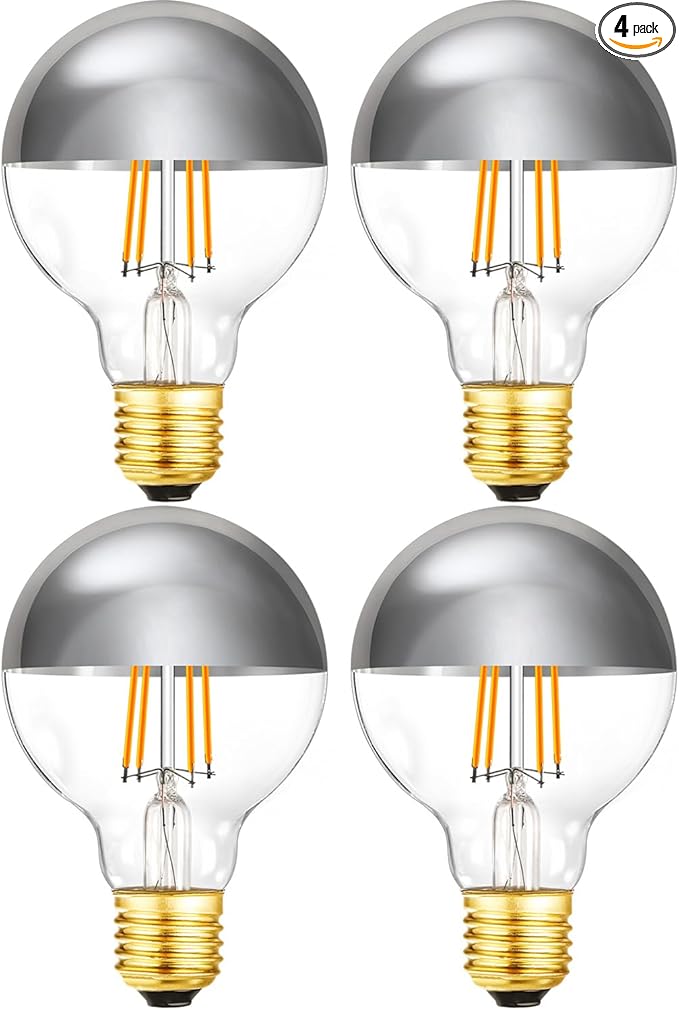 Half Chrome Light Bulb 6W Dimmable LED Edison Bulbs 60 Watt E26 Silver Dipped Anti Glare Bulb G80/G25 Globe Decorative Bulb 2700K Warm White G25 Globe Light Bulbs for Bathroom,Vanity,4 Pack
