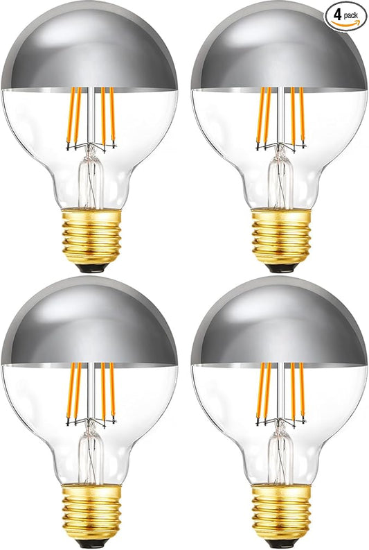 Half Chrome Light Bulb 6W Dimmable LED Edison Bulbs 60 Watt E26 Silver Dipped Anti Glare Bulb G80/G25 Globe Decorative Bulb 2700K Warm White G25 Globe Light Bulbs for Bathroom,Vanity,4 Pack