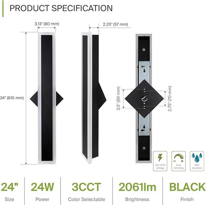 ASD LED 24" Long Wall Mount Light Fixture, Outdoor & Indoor Linear Sconce | 3CCT, Dimmable, Waterproof, Anti-Rust, ETL Listed | 24W 2000LM 3000-5000K 100-277V | Exterior Porch Lighting | Black, 2 Pack