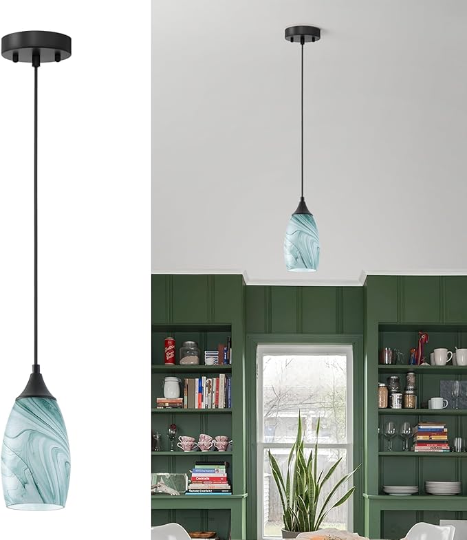 ANYLOVE Vintage Art White-Green Stripe Pendant Lighting,1-Pack Hand Glass Hanging Light Fixture,Adjustable Cord for Kitchen,Hallway,Dining Room
