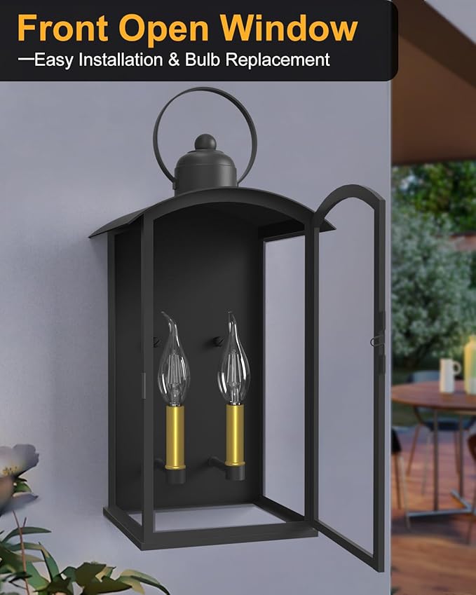 19.7IN Outdoor Wall Light Fixtures, Dusk to Dawn Exterior Lanterns Waterproof, Large Porch Sconces Wall Mounted Lighting, Modern Matte Black Front Open Window Wall Lamps for Patio