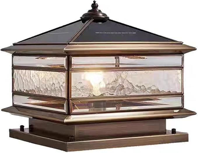 All Copper Steel Glass Outdoor Post Lights, Waterproof Pillar Light, Vintage Patio Lawn Column Lamp,Outdoor Column Lights,Deck Lights, Lantern Fence Lamp Fixture E26 Base (Solar, 12X12in)