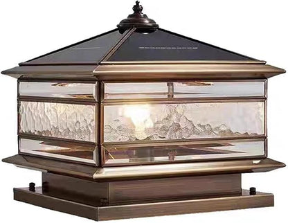 All Copper Steel Glass Outdoor Post Lights, Waterproof Pillar Light, Vintage Patio Lawn Column Lamp,Outdoor Column Lights,Deck Lights, Lantern Fence Lamp Fixture E26 Base (Solar, 12X12in)