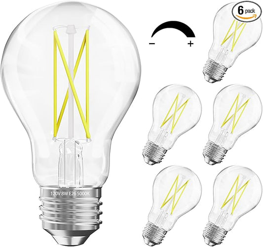DAYBETTER 6 Pack A19 Vintage LED Edison Bulbs, 60W Equivalent Dimmable LED Bulbs, High Brightness 5000K Daylight, 800 Lumens, 8W E26 Standard Base, Ultra-Bright, CRI80+, Clear Glass Filament Bulb