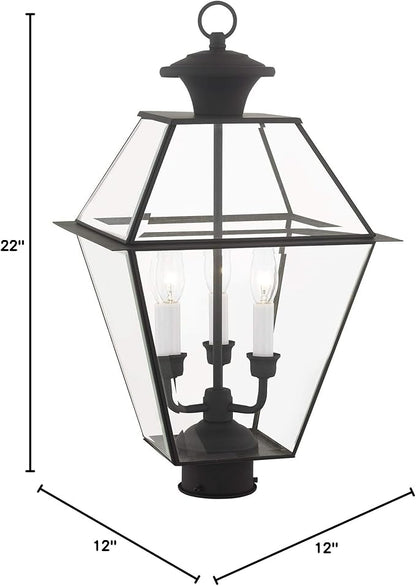 Livex Lighting 2384-04 Westover 3 Light Outdoor Black Finish Solid Brass Wall Lantern with Clear Beveled Glass, 22" x 12" x 22"