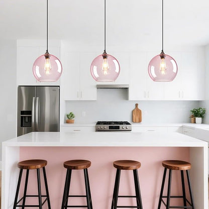 Pink Glass Pendant Lights Kitchen Island Globe Pendant Light Fixtures Modern Pendant Lighting for Bedroom Living Dining Room Light Fixture (9.84 in, 1 Pack)