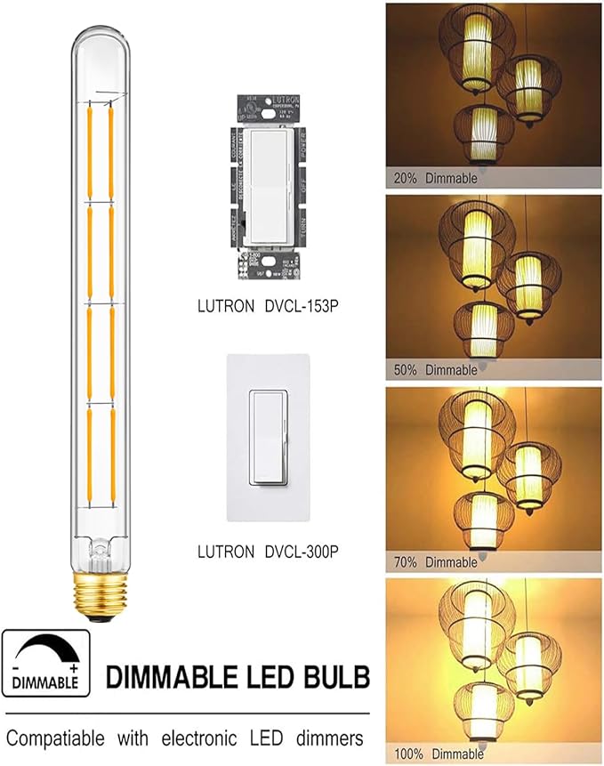 LED Tubular Light Bulbs,E26 Dimmable Long Led Bulbs,10W Equal 100 Watt, 2700K Warm White,11.8in Led Edison Tube Bulb,T10 Clear Glass Cover,6Pack.