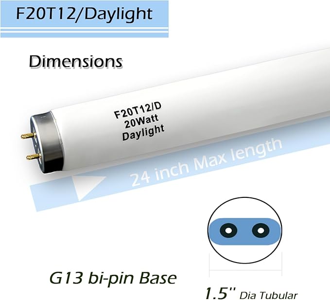 6 Pack 2FT F20T12/D Daylight Fluorescent Bulb, 24 Inch 6500K 20 Watt Full Spectrum Light, 1.5 Inch Diameter T12 Linear Tube, High Transparency CRI 85+