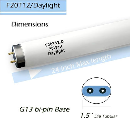 6 Pack 2FT F20T12/D Daylight Fluorescent Bulb, 24 Inch 6500K 20 Watt Full Spectrum Light, 1.5 Inch Diameter T12 Linear Tube, High Transparency CRI 85+