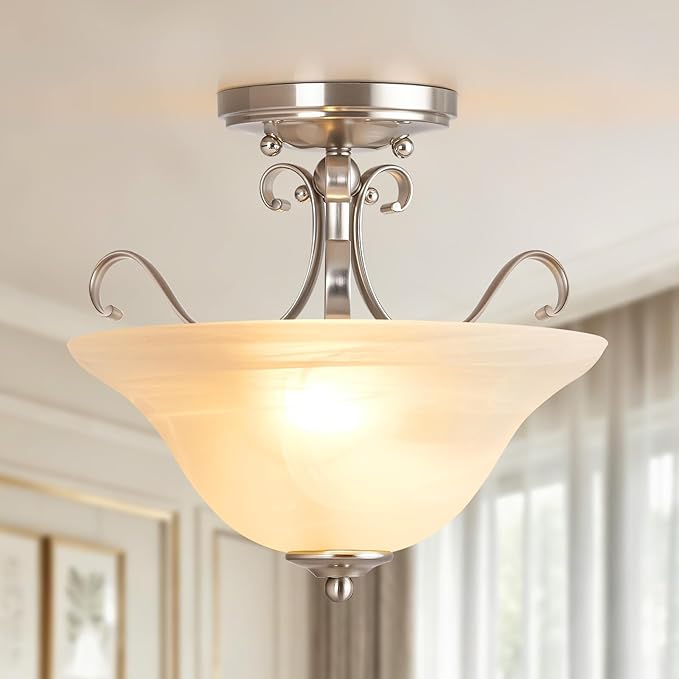 Luvkczc Semi Flush Mount Ceiling Light,Brushed Nickel Ceiling Light Fixture, Mid Century Ceiling Light,Modern Glass Close to Ceiling Light for Bedroom Kitchen Porch Hallway,Bulbs Not Included