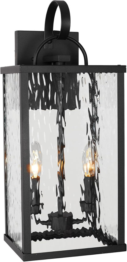 Outdoor Wall Light Fixture, 2-Light Modern Black Exterior Wall Lantern with Water Ripple Glass, Matte Rustic Waterproof Wall Sconce for Porch, Garage, Yard, Front Door, Patio, Garden