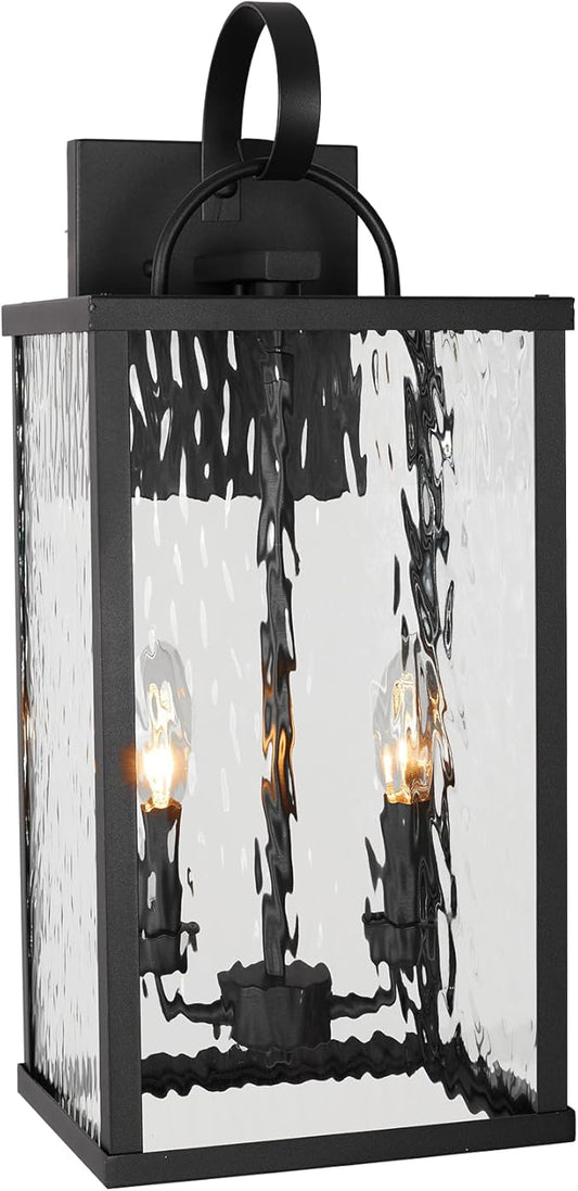 Outdoor Wall Light Fixture, 2-Light Modern Black Exterior Wall Lantern with Water Ripple Glass, Matte Rustic Waterproof Wall Sconce for Porch, Garage, Yard, Front Door, Patio, Garden