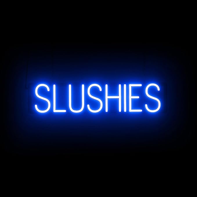 SpellBrite SLUSHIES Sign | Treat-Related Sign with Neon Look, Blue LED Light Source | 28.1" x 6.3"