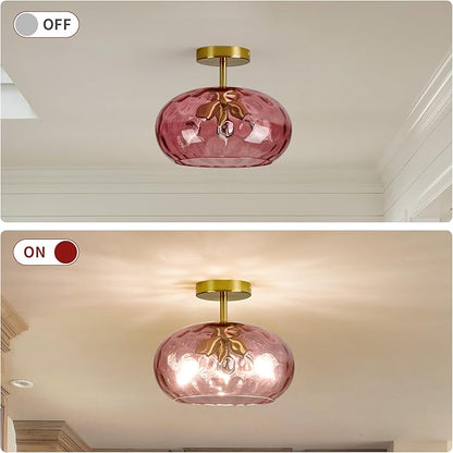 Red Glass Semi Flush Mount Ceiling Light - 12 Inch Hammered Glass Hallway Light fixtures, Vintage Gold Flush Mount Ceiling Light,Mid Century Light Fixture for Entryway Laundry Room Foyer Porch