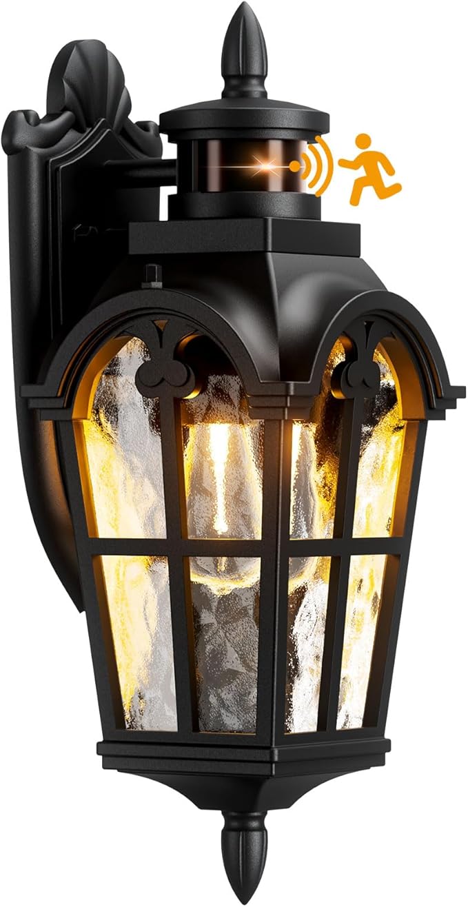 Motion Sensor Outdoor Wall Lights, 220° Dusk to Dawn Exterior Lighting Fixtures with Tempered Glass, Vintage Style IP65 Waterproof for Porch, Garage, House (Black)