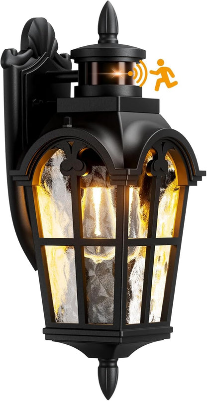 Motion Sensor Outdoor Wall Lights, 220° Dusk to Dawn Exterior Lighting Fixtures with Tempered Glass, Vintage Style IP65 Waterproof for Porch, Garage, House (Black)