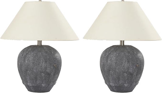 Farmhouse Ceramic Table Lamp Set of 2, 21" Rustic Table Lamp with Linen Shade, 3-Way Dimmable Bedside Nightstand Lamps for Bedroom, Living Room, E26 Socket, Dark Grey