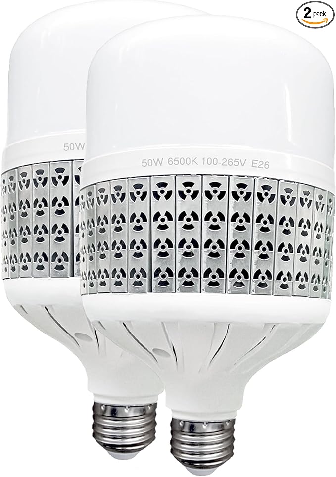 50W High Power LED Bulb, Daylight White 6500k LED Light Bulbs, 450W-500W Light Bulb Equivalent, E26 Medium Base High Watt Commercial Bulbs for Garage Warehouse Workshop Office, 2 Pack