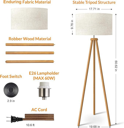 LEPOWER Wood Tripod Floor Lamp, Mid Century Standing Lamp for Living Room, Flaxen Lamp Shade, Modern Design Standing Lamp with E26 Base, Tall Floor Light for Bedroom, Study Room and Office Brown