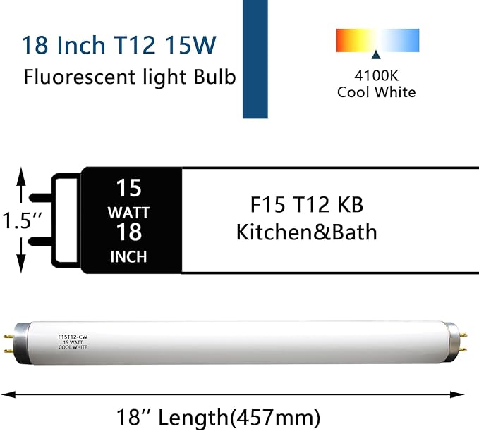 (4Pack) F15T12-CW 15W T12 Cool White 18" Fluorescent Light Bulb,Replace G E,Sylvania 21532,Philips Lamp Light Bulb,4100K Cool White, Medium Bi-Pin G13 Base