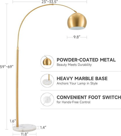 CO-Z 69" Modern Arc Floor Lamp, Gold Standing Light with Adjustable Metal Shade and Marble Base, LED Bulb Included, Contemporary Lighting for Living Room or Sofa
