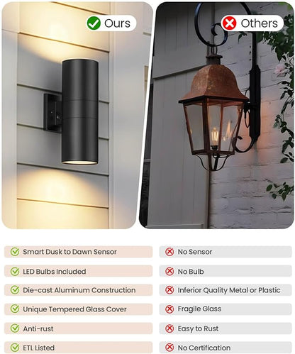 SHIMR Dusk to Dawn Outdoor Lighting 2 Pack, Modern Exterior Light Fixture Wall Mount ETL Listed, Aluminum Waterproof Black Up and Down Outside Lights for House Porch Garage, LED Bulbs Include