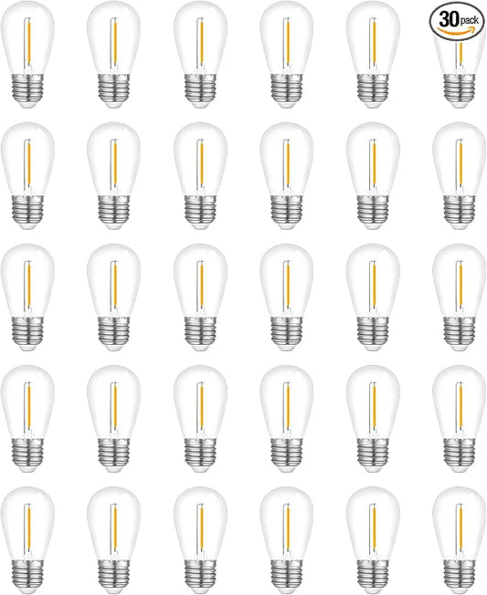30-Pack LED Outdoor String Light Bulbs, Waterproof S14 Replacement Bulb, E26 Base, 1W 120V, 2700K Warm White