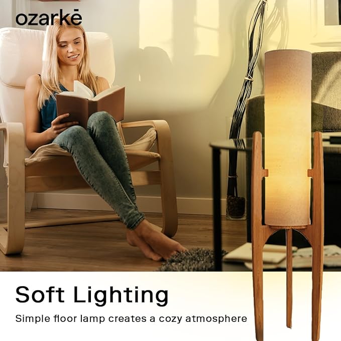 Ozarke Zen Modern Floor Lamp - Fabric Shade & Wood Frame Mid-Century 44 Inch Standing Corner Light for Bedroom, Living Room & Home Decor - E26 Bulb Warm 3000K (Natural Wood)
