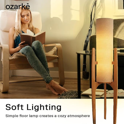 Ozarke Zen Modern Floor Lamp - Fabric Shade & Wood Frame Mid-Century 44 Inch Standing Corner Light for Bedroom, Living Room & Home Decor - E26 Bulb Warm 3000K (Natural Wood)