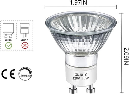 GU10 120V 25W Halogen Bulb MR16 Glass Cover GU10+c Bulb 2700k Warm White Dimmable, 25W Replacement Bulb for Wax Burner Light Bulb, Candle Warmer Bulbs, Scentsy Warmers (4 Pack)