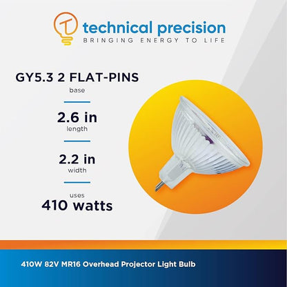 Technical Precision 82V 410W MR16 Overhead Projector Light Bulb Replacement for Apollo 250 Watt 82 Volt Projector Bulb GY5.3 Flat Bi-Pin Base - Clear - 1 Pack