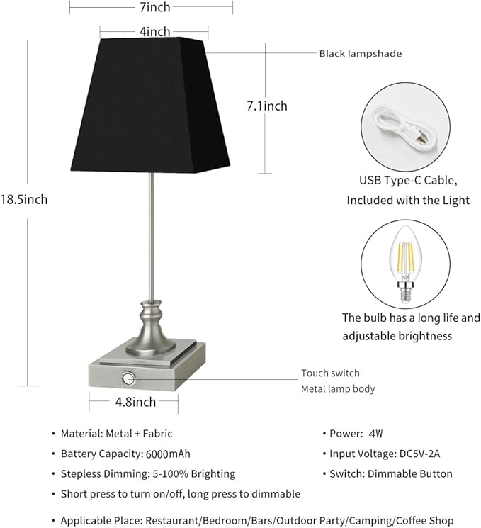 Rechargeable LED Table Lamps with Stepless Touch Control,Sliver Cordless Lamp for Living Room&Bedside&Patio&Shower,Small Desk Lamp(6000mAH Battery),1 Pack for Home Decor,Best Gifts for Family