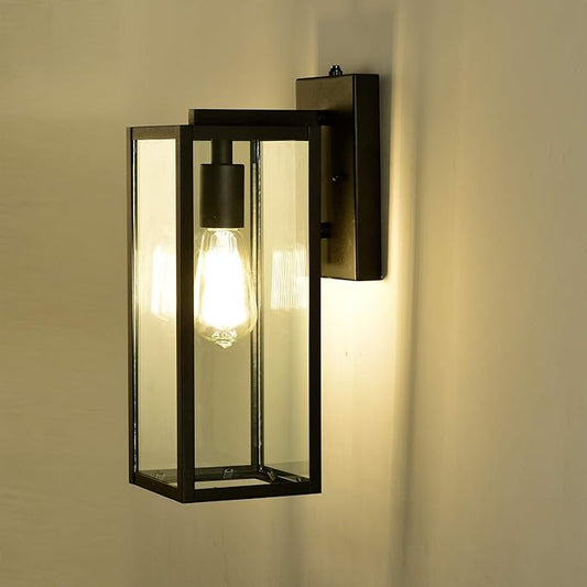 MICSIU Dusk to Dawn Outdoor Lighting, 14.5 Inch Exterior Wall Mount Lantern with Clear Glass, Industrial Textured Black Outside Lighting for Front Porch