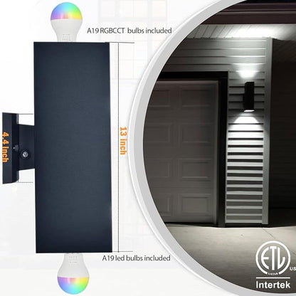 Tunable White Exterior Wall Light Fixtures 1200lm, RGB Color Up Down Outdoor Lights 2 Pack,Modern Dusk to Dawn Outdoor Lighting - Smart Outside Wall Lights for Garage,Porch（UL Listed