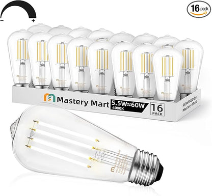 MASTERY MART 16 Pack Vintage Edison Bulbs, E26 Led Bulb 5.5W Equivalent to 60W, Dimmable, 4000K Cool White, High Brightness Antique ST19, Clear Glass