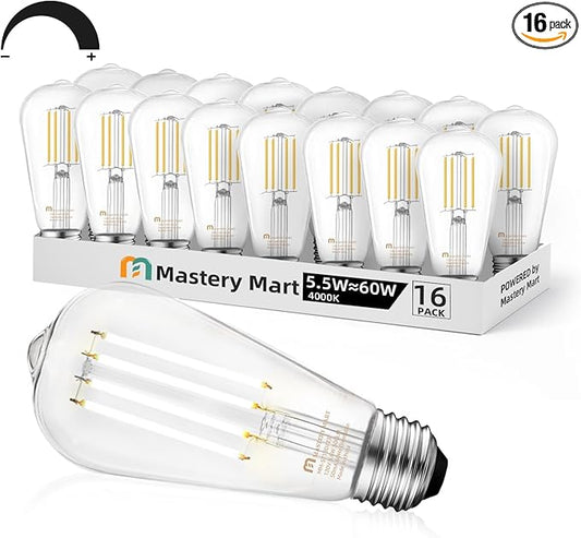 MASTERY MART 16 Pack Vintage Edison Bulbs, E26 Led Bulb 5.5W Equivalent to 60W, Dimmable, 4000K Cool White, High Brightness Antique ST19, Clear Glass