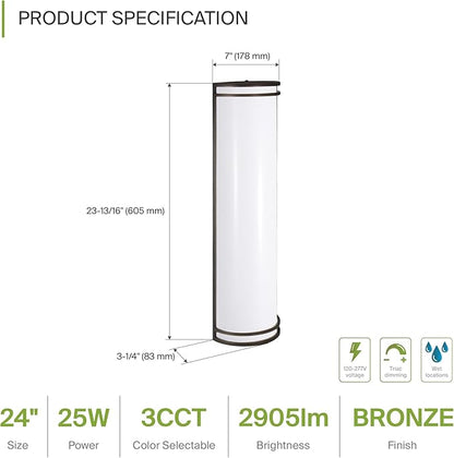ASD 24 Inch LED Outdoor & Indoor Wall Mount Light Fixture - Oil Rubbed Bronze Modern Wall Sconce Lighting - 25W 120-277V 3000K 4000K 5000K Dimmable Front Door & Patio Exterior Lights - ETL, 2 Pack