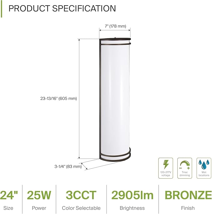 ASD 24 Inch LED Outdoor & Indoor Wall Mount Light Fixture - Oil Rubbed Bronze Modern Wall Sconce Lighting - 25W 120-277V 3000K 4000K 5000K Adjustable Dimmable Front Door & Patio Exterior Lights - ETL