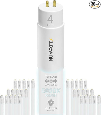 NuWatt 30 Pack 4 FT LED T8 Tube Light, T10 T12 Hybrid Type A+B, 5000K Daylight, 18W, High Brightness 2200 Lumens, Plug & Play OR Ballast Bypass Fluorescent Tube Replacement, Single or Double Ended, UL