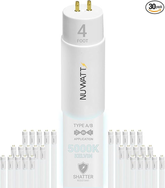 NuWatt 30 Pack 4 FT LED T8 Tube Light, T10 T12 Hybrid Type A+B, 5000K Daylight, 18W, High Brightness 2200 Lumens, Plug & Play OR Ballast Bypass Fluorescent Tube Replacement, Single or Double Ended, UL