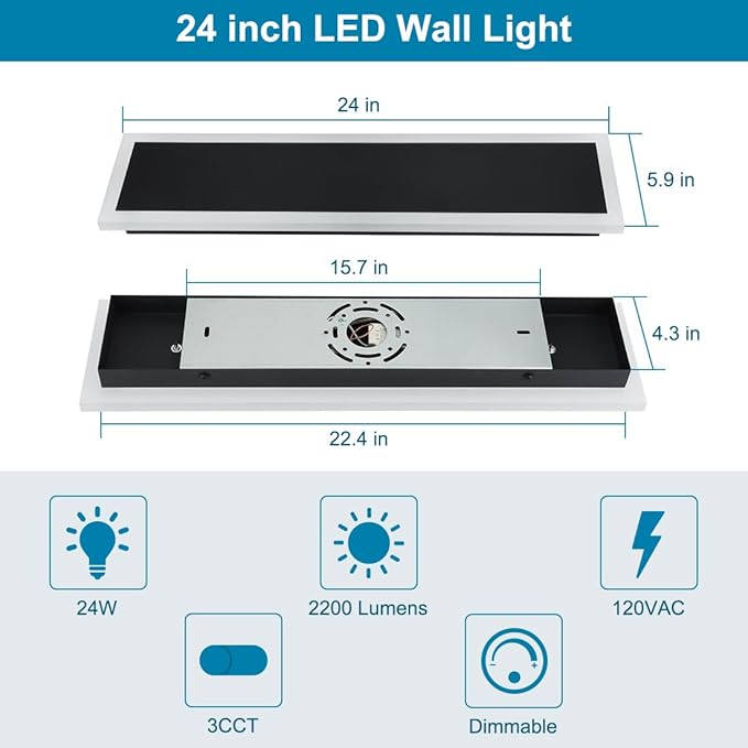 2-Pack 24IN Modern Outdoor Wall Light LED Long Wall Lighting Fixture IP65 Waterproof Wall Lamps, Dimmable 24W 2200LM Black Wall Sconce, 3000K/4000K/5000K Selectable, ETL