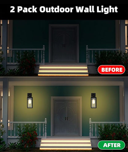 2 Pack Outdoor Wall Light - 14 Inch Exterior Wall Sconce for House, Outdoor Black Wall Lantern for Garage&Patio Front Door, Outside Porch Light Fixture with Glass Shade