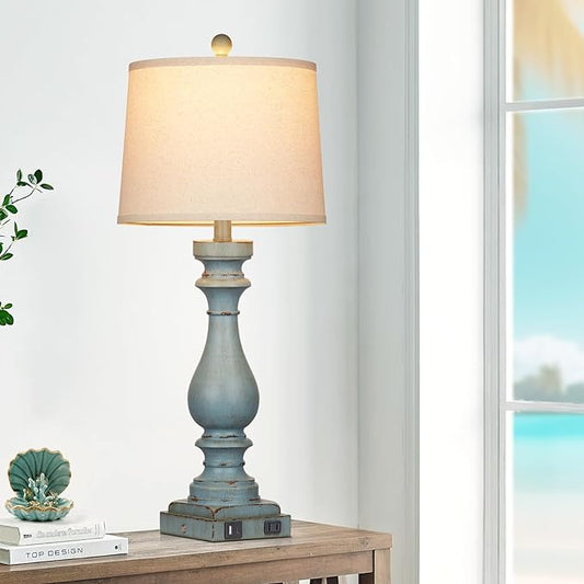 27.5" Tall Coastal Lamp,Retro-Blue Vintage Bedside Nightstand Lamps with USB Charging Ports A/C,3-Way Dimmable Touch Control Table Lamps for Bedroom Living Room,Single Blue